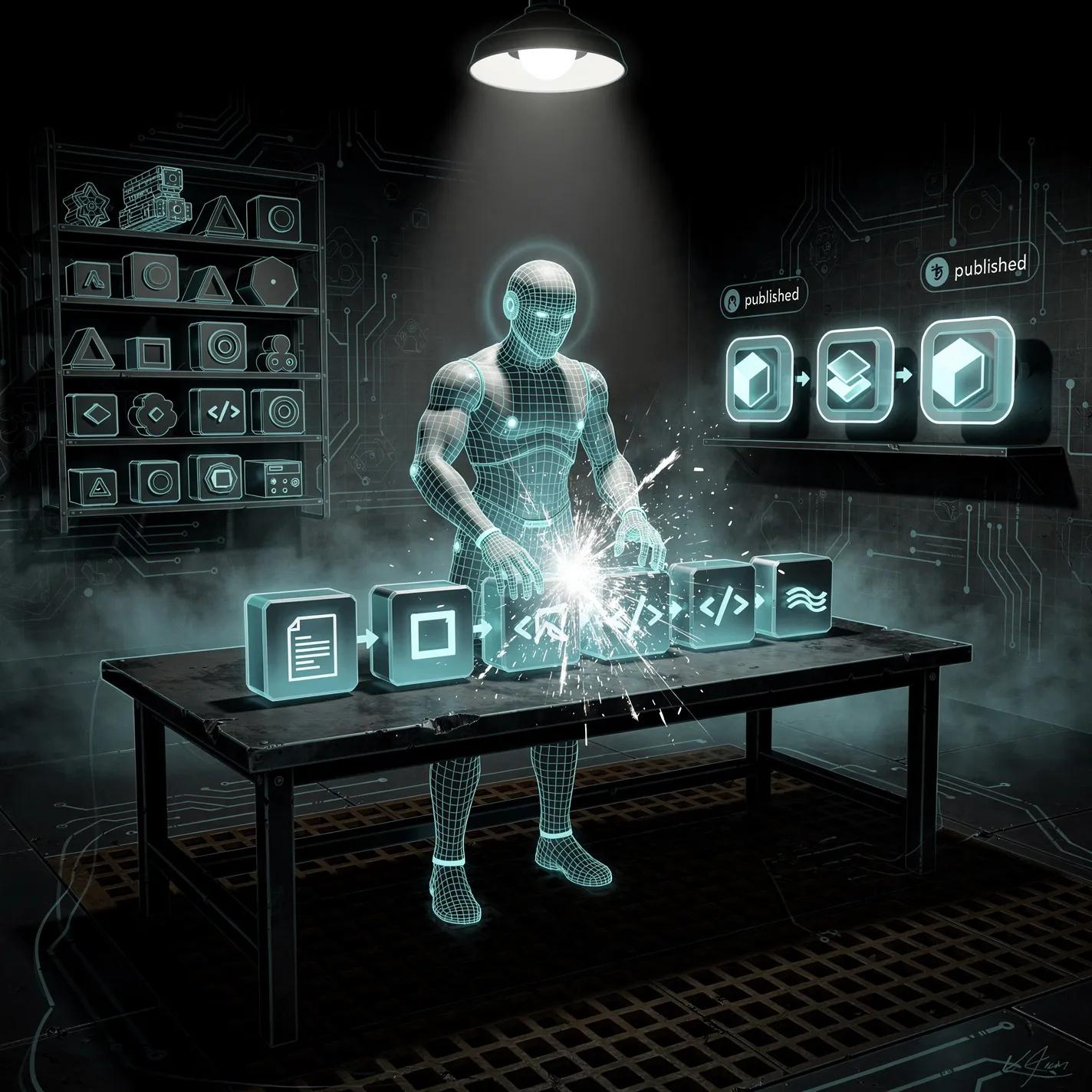 AI agent at a digital forge assembling workflow blocks with energy sparks