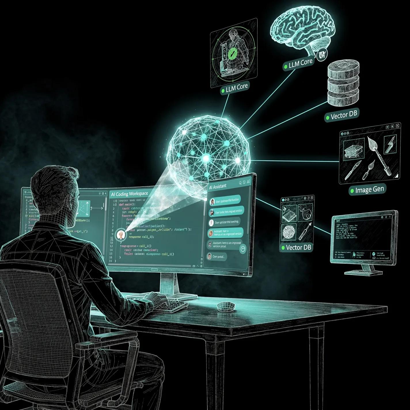 Developer at monitor with holographic MCP hub connecting to service providers